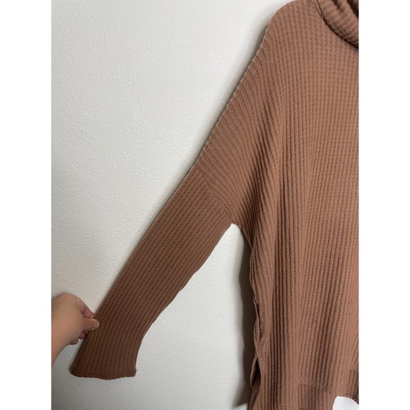 Zenana Thermal Waffle Knit Cowl Neck Hi-Low Tunic Oversized Sweater Cocoa Rayon - Picture 7 of 16